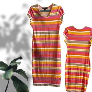 COCO & SHAY Multicolored horizontal stretchy midi Lg dress V neckline Like new